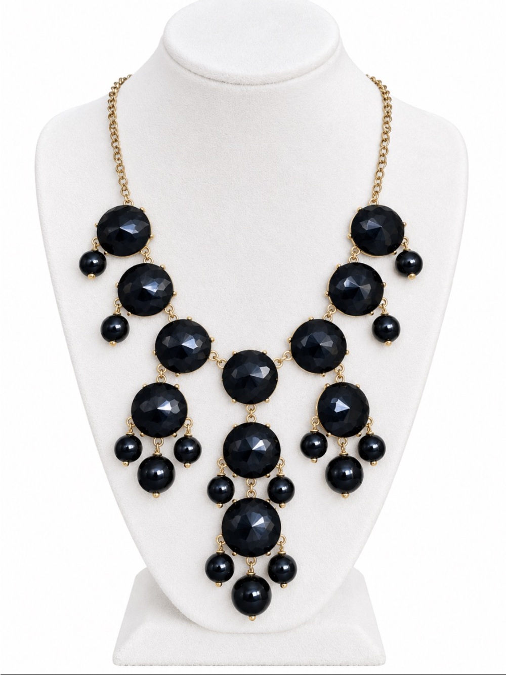 J.CREW Signed Black Faceted Crystal Statement Bib Necklace Gold Tone Chandelier